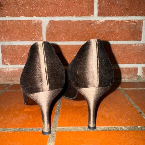 Stuart Weitzman Brown Satin Peep-Toe Heels with Ruffle - Picture 10 of 11